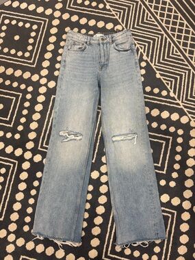 Zara Light Blue High-Rise Straight Leg Jeans with Distressed Knees